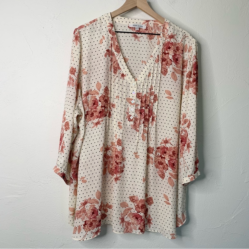 Rose & Olive 3X Ivory Red Floral Polka Dot V Neck Button Up 3/4 Sleeve Blouse